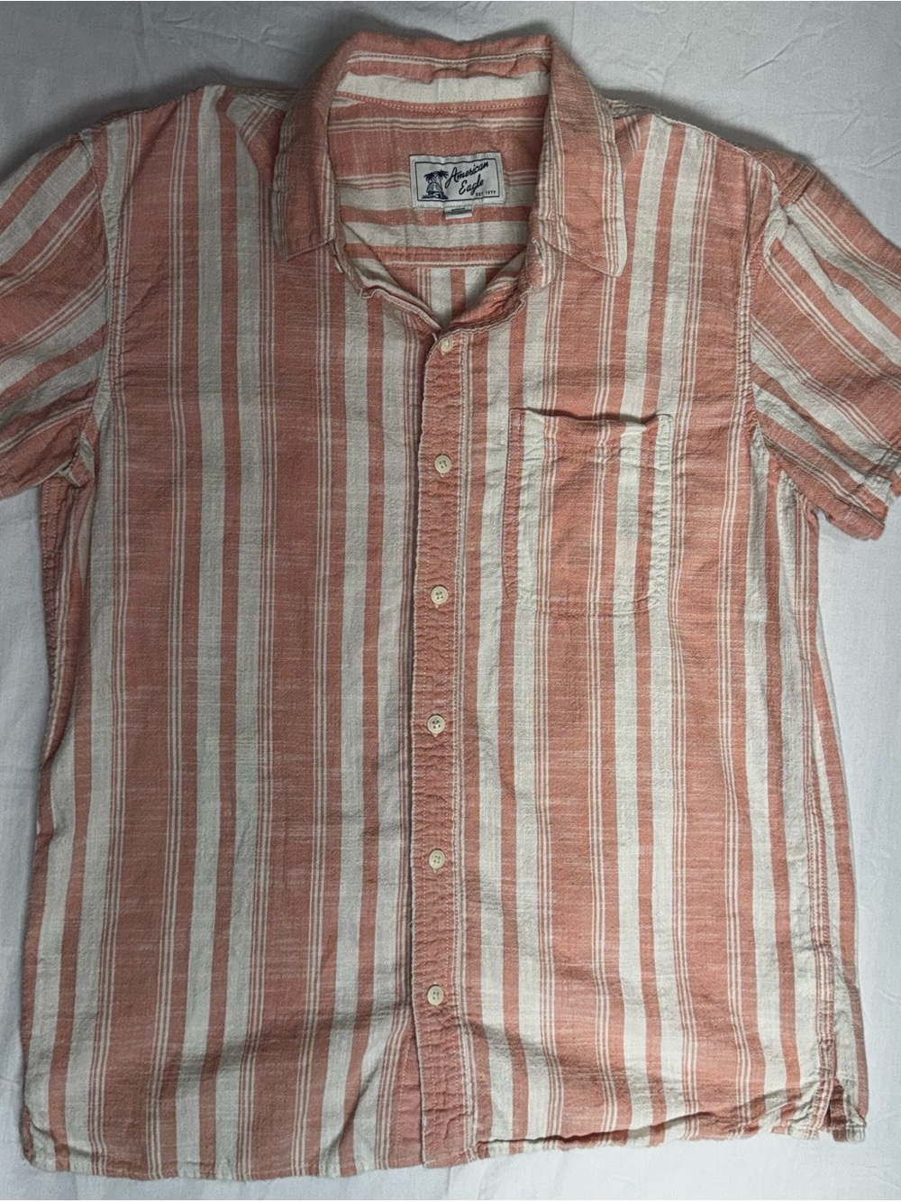 American Eagle Shirt Mens L Coral Stripe Short Sleeve Button Up Casual Coastal